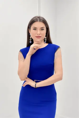 Crepe Fabric Shoulder Tassels Pencil Evening Dress - SAX BLUE - 3