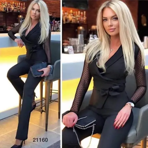 Crepe Fabric Sleeve Tulle Dot Detailed Belted Jumpsuit 141 Cm - 8