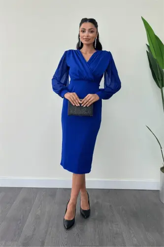 Crepe Fabric Sleeve Tulle Pencil Dress - SAX BLUE - 2