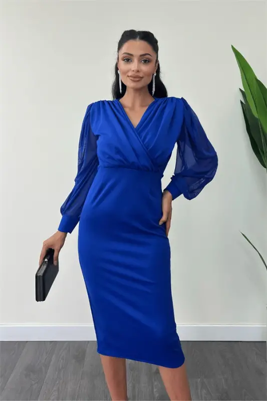 Crepe Fabric Sleeve Tulle Pencil Dress - SAX BLUE - 3
