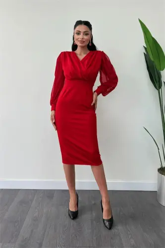 Crepe Fabric Sleeves Tulle Pencil Dress - RED - BÜYÜKBEDENIZ (1)