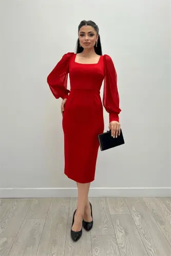 Crepe Fabric Square Collar Pencil Dress - RED - 1