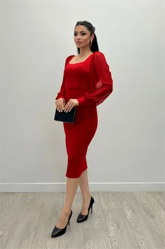 Crepe Fabric Square Collar Pencil Dress - RED - BÜYÜKBEDENIZ (1)