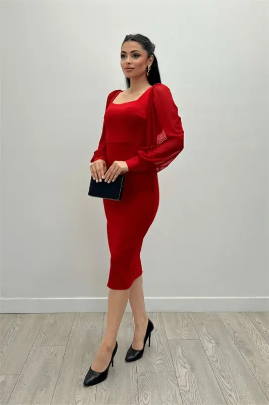 Crepe Fabric Square Collar Pencil Dress - RED - 2