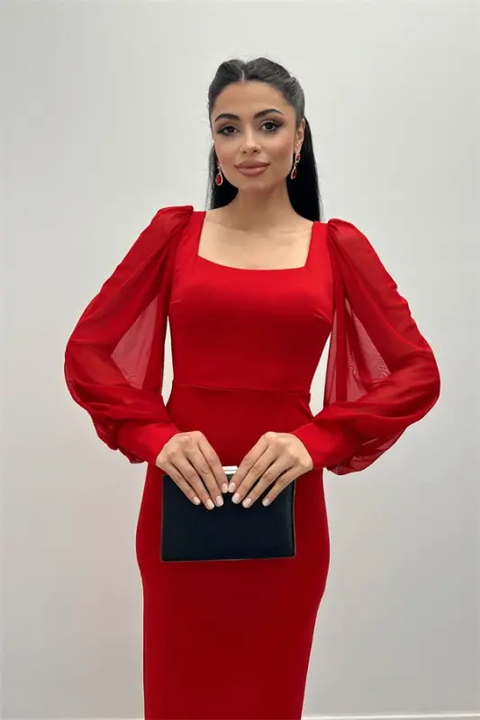 Crepe Fabric Square Collar Pencil Dress - RED - 3