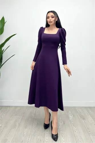 Crepe Fabric Square Neck Midi Dress - Eggplant Purple - 3