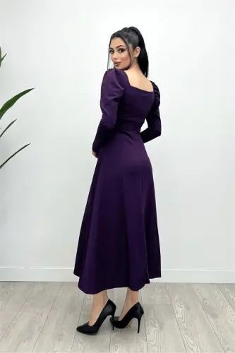 Crepe Fabric Square Neck Midi Dress - Eggplant Purple - 5