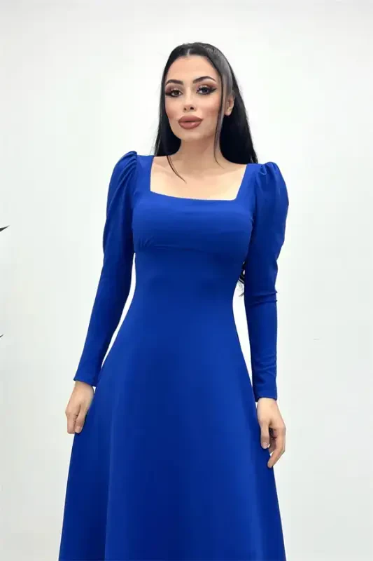Crepe Fabric Square Neck Midi Dress - Sapphire Blue - 2