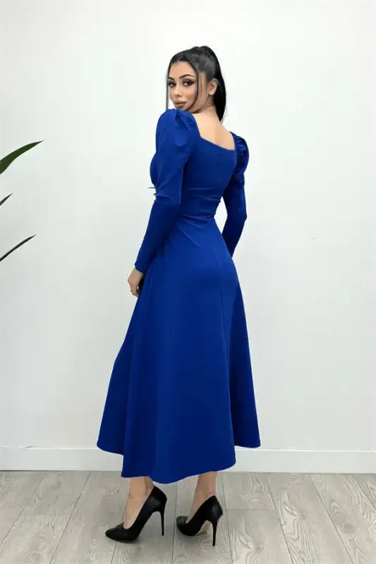 Crepe Fabric Square Neck Midi Dress - Sapphire Blue - 5