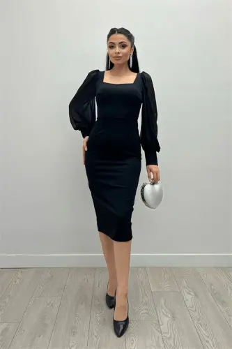 Crepe Fabric Square Neck Pencil Dress - Black - 1