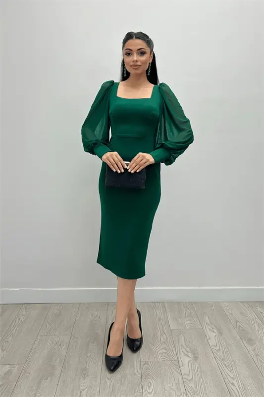 Crepe Fabric Square Neck Pencil Dress - EMERALD GREEN - 1