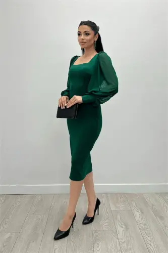 Crepe Fabric Square Neck Pencil Dress - EMERALD GREEN - BÜYÜKBEDENIZ (1)