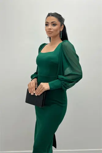 Crepe Fabric Square Neck Pencil Dress - EMERALD GREEN - 3