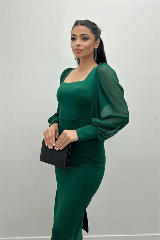 Crepe Fabric Square Neck Pencil Dress - EMERALD GREEN - 3