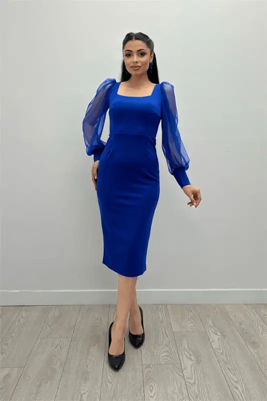 Crepe Fabric Square Neck Pencil Dress - SAX BLUE - BÜYÜKBEDENIZ