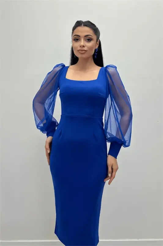Crepe Fabric Square Neck Pencil Dress - SAX BLUE - 3