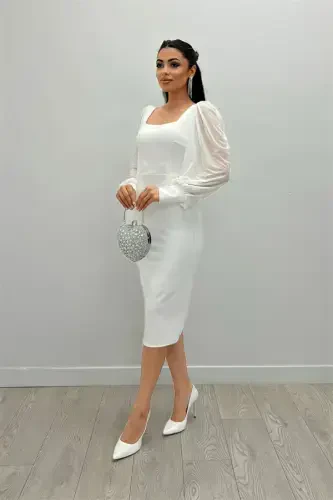 Crepe Fabric Square Neck Pencil Dress - WHITE - BÜYÜKBEDENIZ (1)