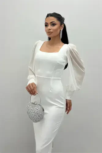 Crepe Fabric Square Neck Pencil Dress - WHITE - 4