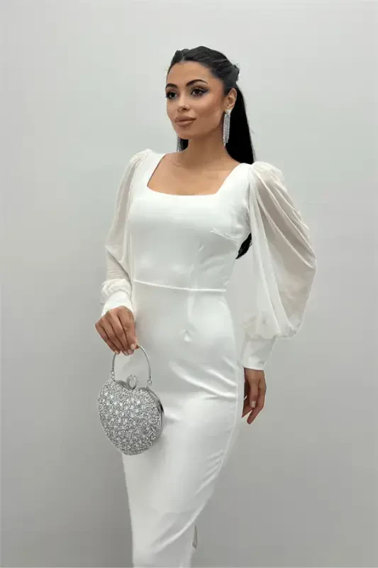 Crepe Fabric Square Neck Pencil Dress - WHITE - 4