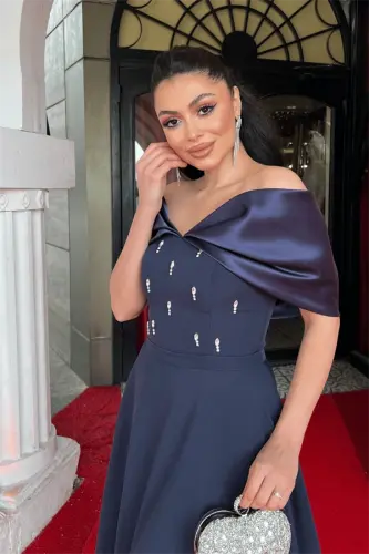 Crepe Fabric Stone Detailed Midi Dress - NAVY BLUE - 4