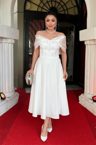 Crepe Fabric Stone Detailed Midi Dress - WHITE - 1