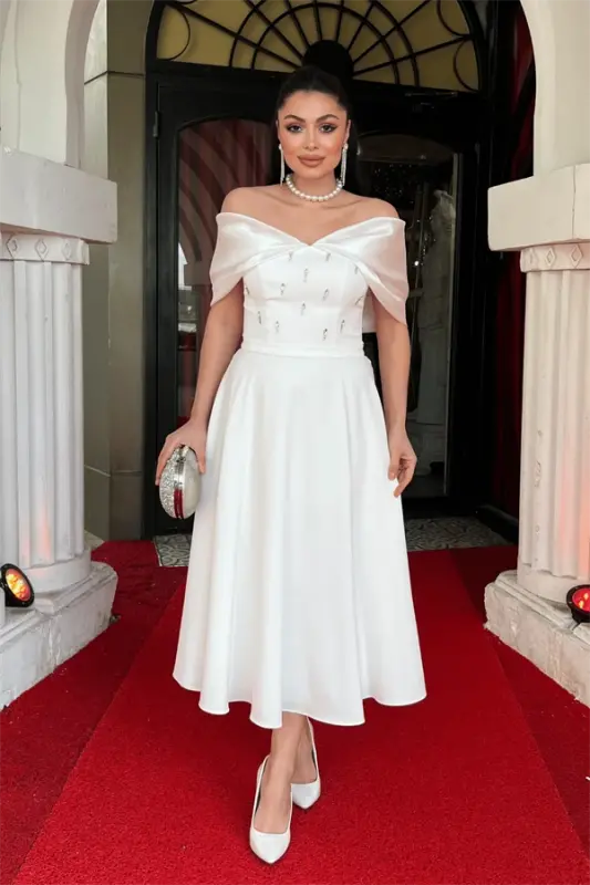 Crepe Fabric Stone Detailed Midi Dress - WHITE - BÜYÜKBEDENIZ