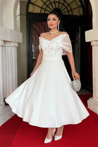 Crepe Fabric Stone Detailed Midi Dress - WHITE - BÜYÜKBEDENIZ (1)