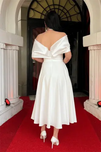 Crepe Fabric Stone Detailed Midi Dress - WHITE - 5