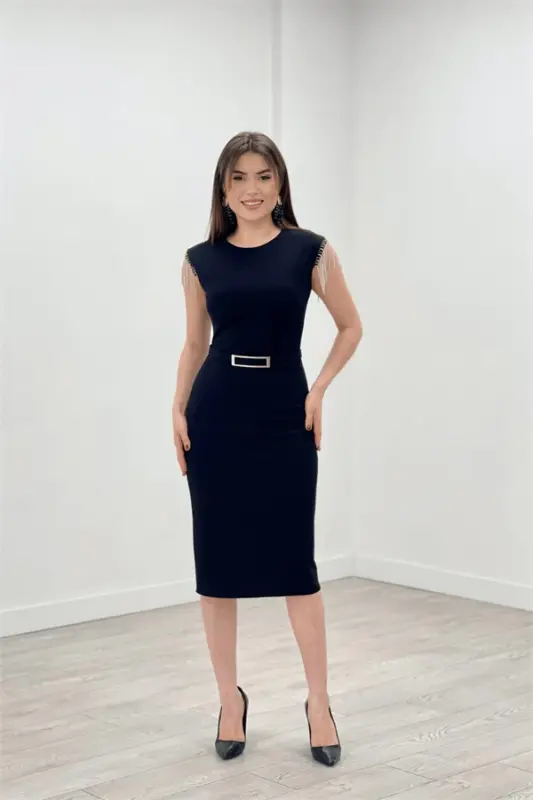 Crepe Fabric Tassel Shoulder Pencil Evening Dress - BLACK - 1