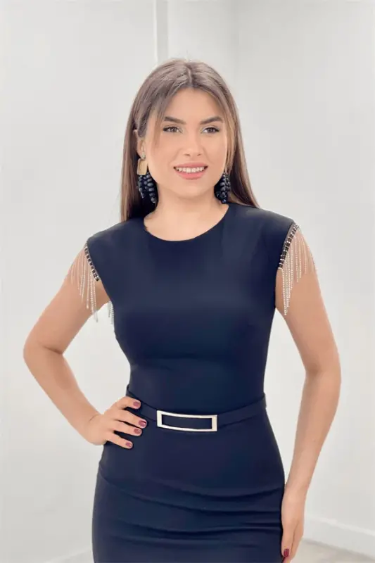 Crepe Fabric Tassel Shoulder Pencil Evening Dress - BLACK - 4