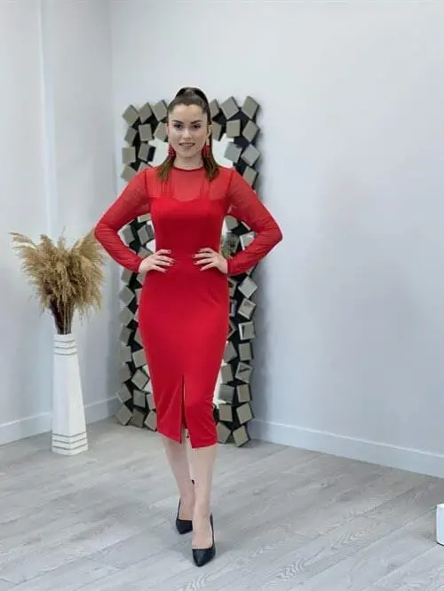 Crepe Fabric Tulle Detailed Pencil Dress - RED - 1