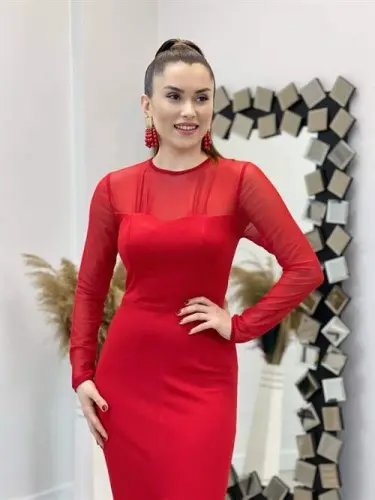 Crepe Fabric Tulle Detailed Pencil Dress - RED - 4