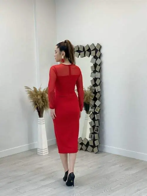 Crepe Fabric Tulle Detailed Pencil Dress - RED - 5