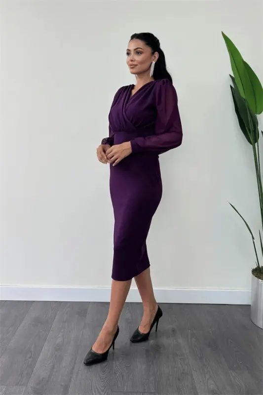 Crepe Fabric Tulle Sleeves Pencil Dress - EGGPLANT PURPLE - BÜYÜKBEDENIZ