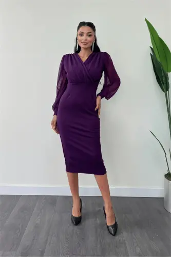 Crepe Fabric Tulle Sleeves Pencil Dress - EGGPLANT PURPLE - 2