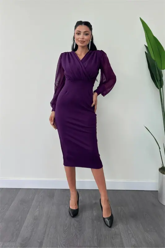 Crepe Fabric Tulle Sleeves Pencil Dress - EGGPLANT PURPLE - 2