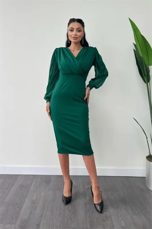 Crepe Fabric Tulle Sleeves Pencil Dress - EMERALD GREEN - 1
