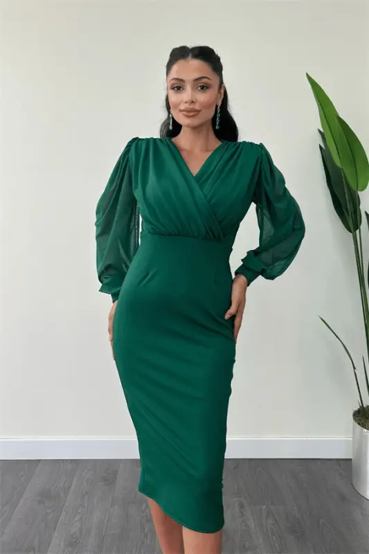Crepe Fabric Tulle Sleeves Pencil Dress - EMERALD GREEN - 4