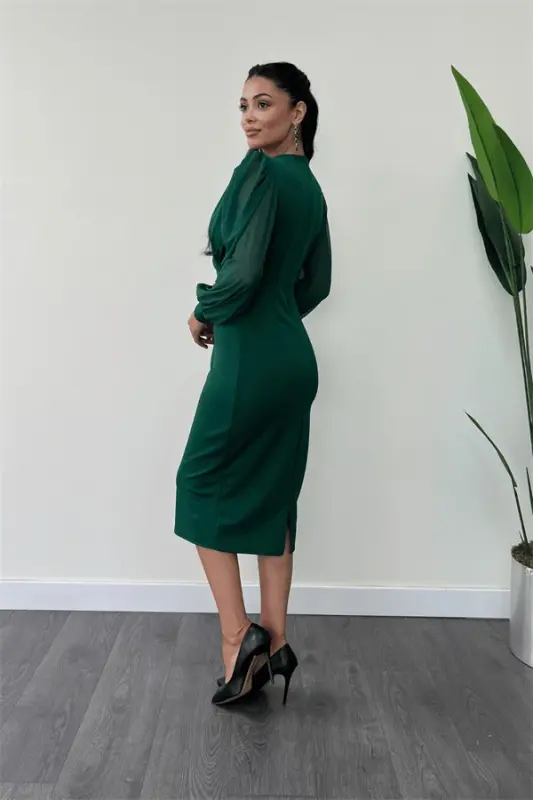 Crepe Fabric Tulle Sleeves Pencil Dress - EMERALD GREEN - 5