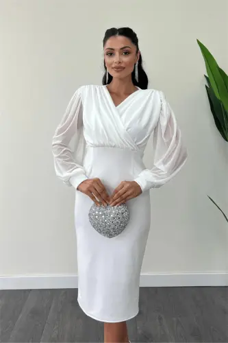 Crepe Fabric Tulle Sleeves Pencil Dress - WHITE - 3