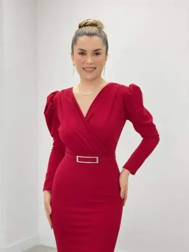 Crepe Fabric Wrap Neck Fishtail Dress - RED - 4