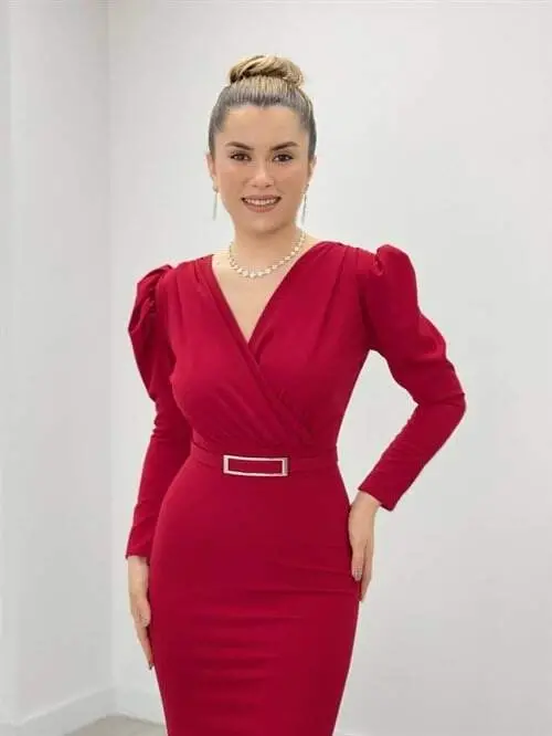 Crepe Fabric Wrap Neck Fishtail Dress - RED - 4