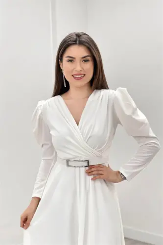 Crepe Fabric Wrap Neck Flouncy Dress - WHITE - 4