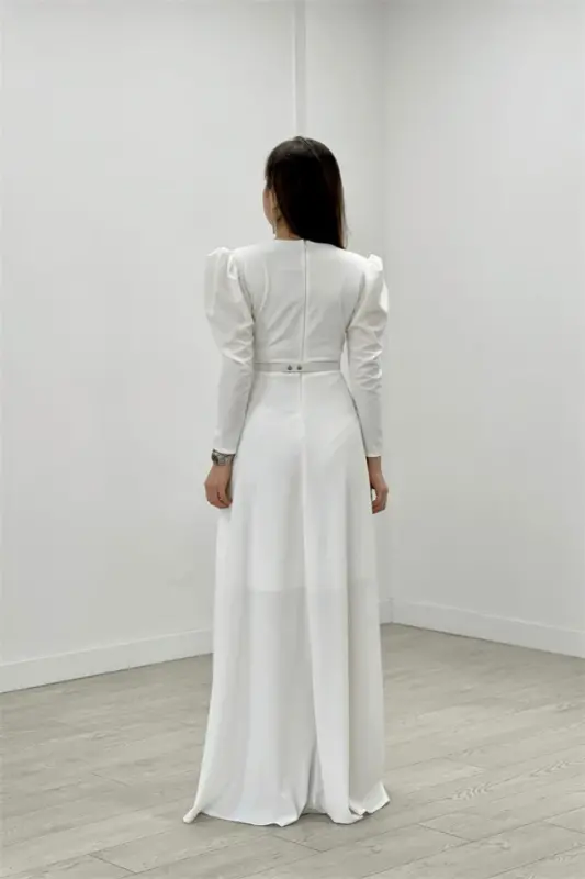 Crepe Fabric Wrap Neck Flouncy Dress - WHITE - 5