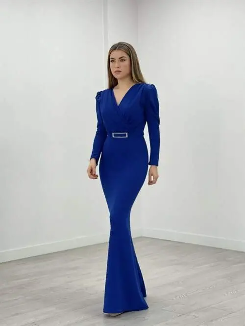 Crepe Fabric Wrapover Collar Fishtail Dress - SAPPHIRE - 1