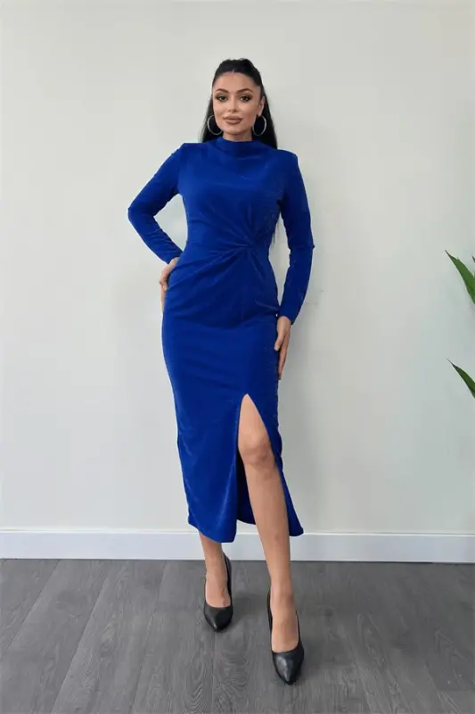 Crepe Glitter Fabric Ruched Detail Pencil Dress - SAPPHIRE BLUE - 1