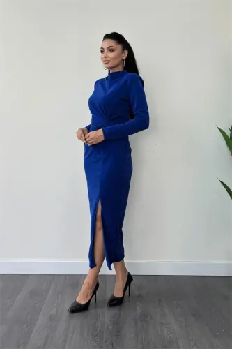 Crepe Glitter Fabric Ruched Detail Pencil Dress - SAPPHIRE BLUE - 2