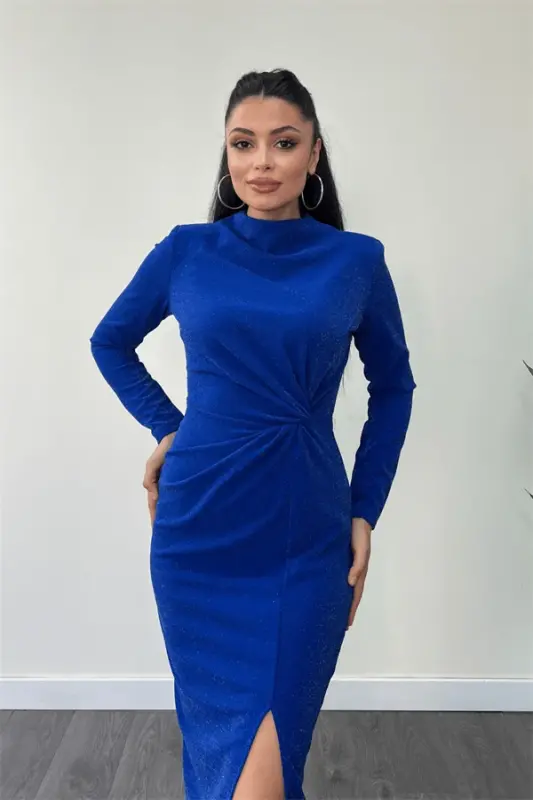 Crepe Glitter Fabric Ruched Detail Pencil Dress - SAPPHIRE BLUE - 3