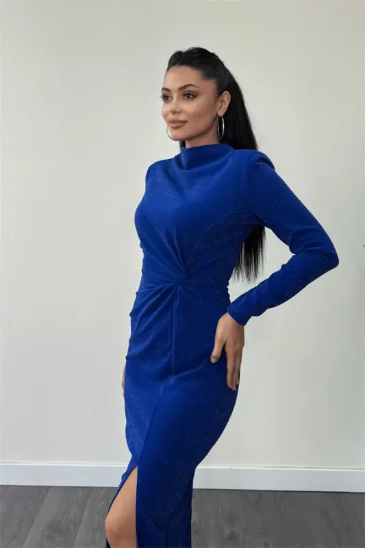 Crepe Glitter Fabric Ruched Detail Pencil Dress - SAPPHIRE BLUE - 4