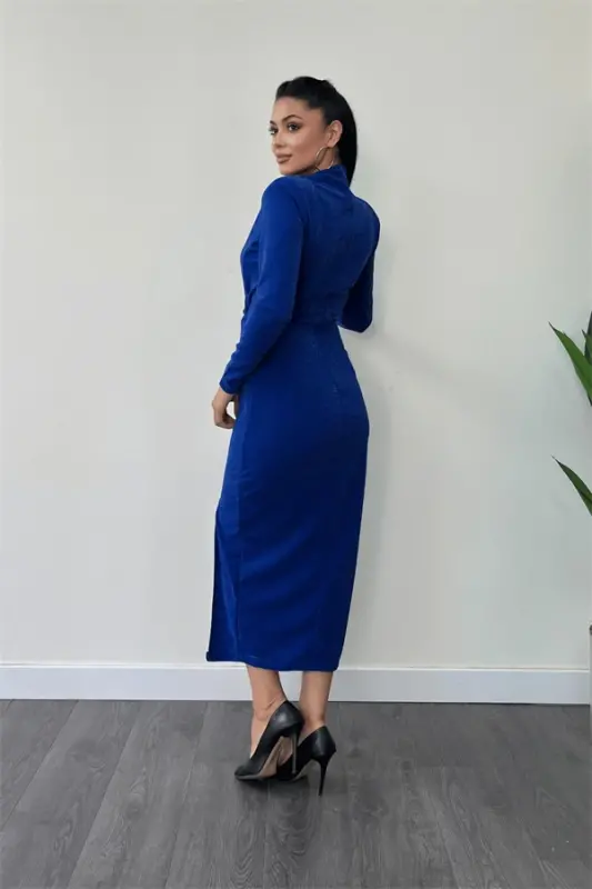 Crepe Glitter Fabric Ruched Detail Pencil Dress - SAPPHIRE BLUE - 5